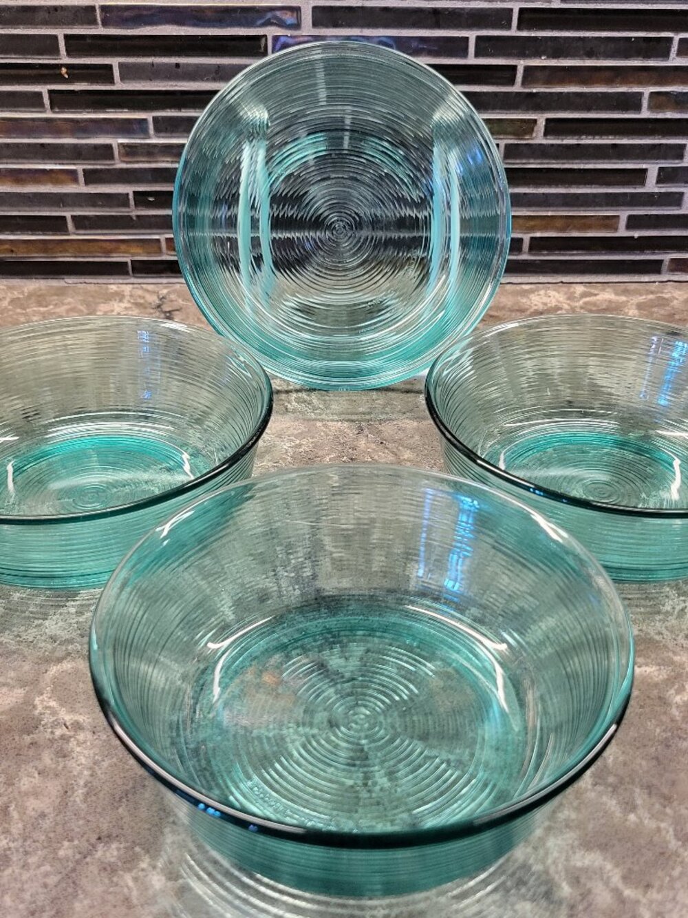 ARCOROC FRANCE BOWLS SET OF 4 TEAL GREEN RIBBED GLASS SOUP CEREAL 5 1/2" VINTAGE